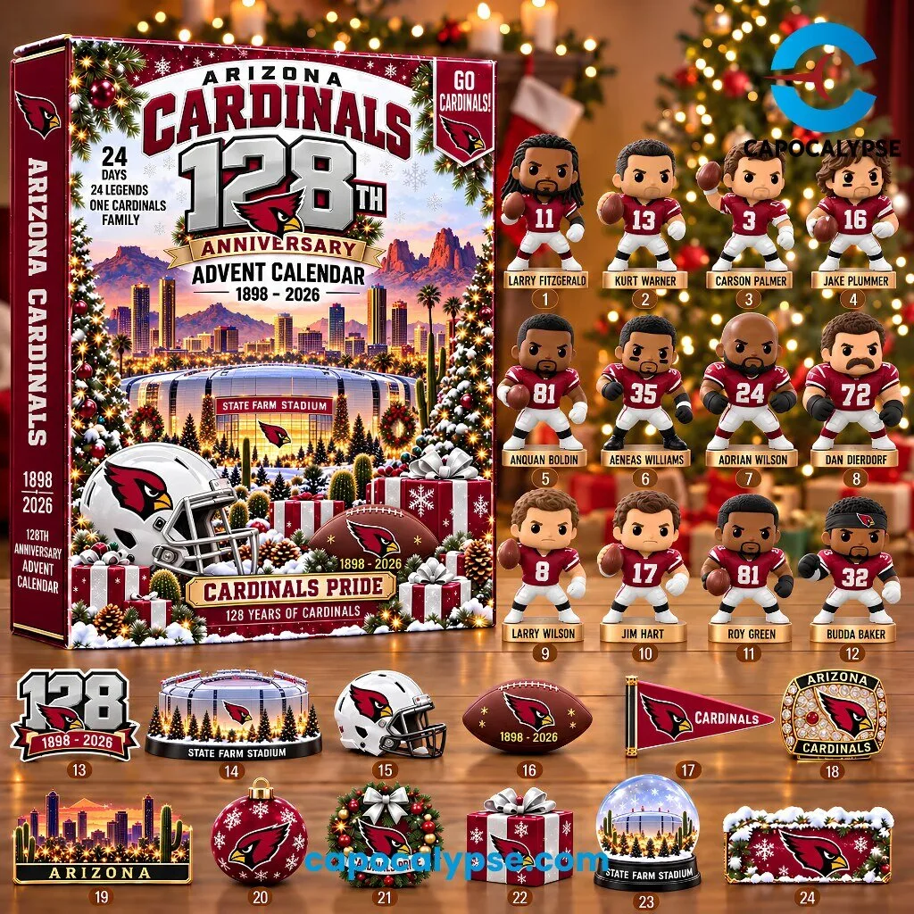 Arizona Cardinals 128th Anniversary Advent Calendar 1898-2026 1 Arizona Cardinals 128th Anniversary advent calendar box with 24 numbered player figures, helmet, and holiday decorations