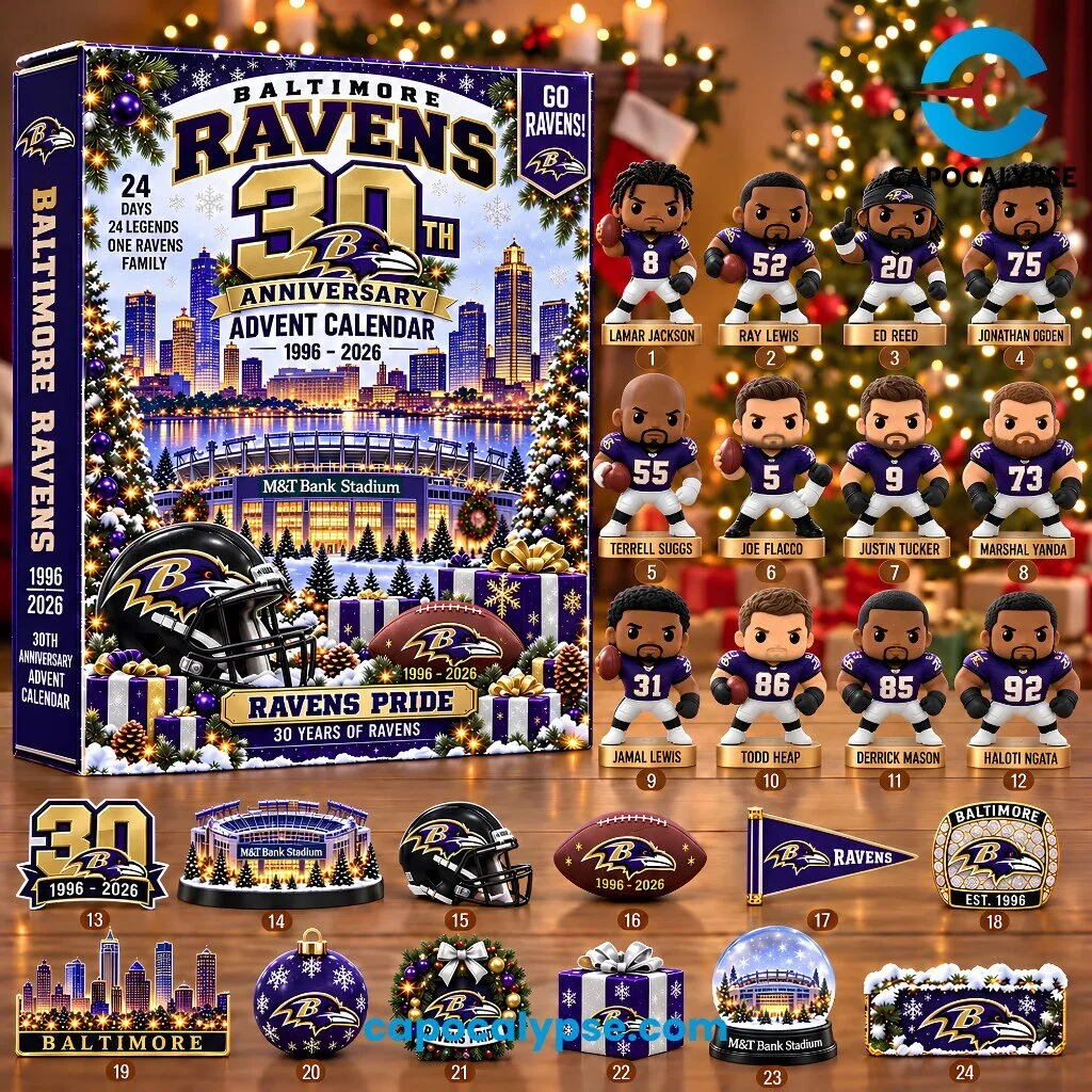 Baltimore Ravens 30th Anniversary Advent Calendar 1996-2026 1 Baltimore Ravens 30th Anniversary advent calendar box with 24 numbered player figures, black helmet, and holiday decorations