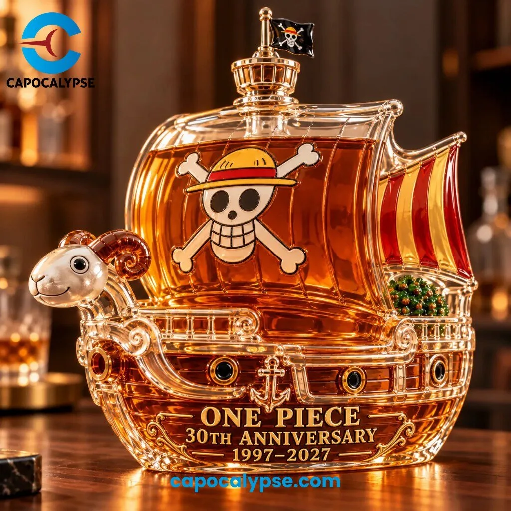 One Piece 30th Anniversary Ship Whiskey Decanter 1 One Piece 30th Anniversary ship whiskey decanter with straw hat skull sail, ram figurehead and amber liquid on a wooden bar top