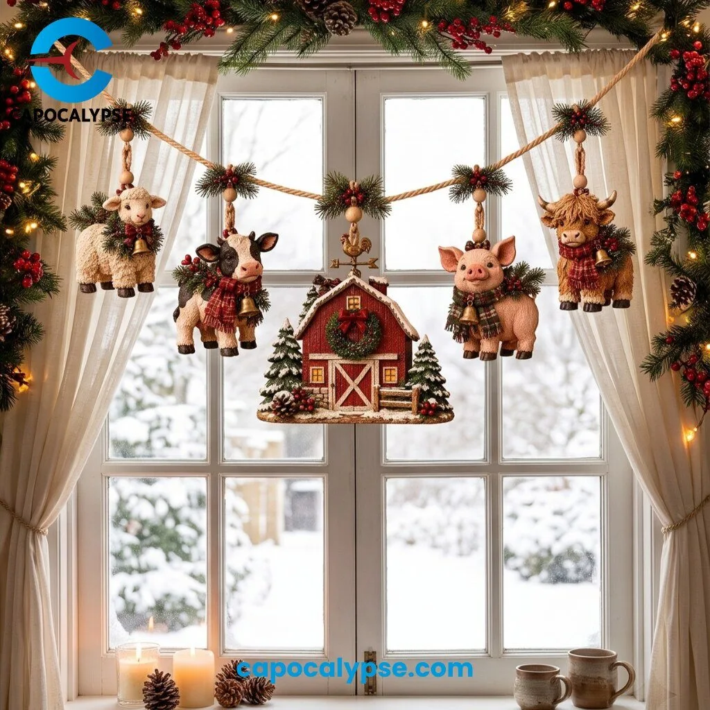 Farmhouse Christmas Red Barn and Farm Animals Wall Hanging Set 4 Farmhouse Christmas red barn and farm animals wall decor set hanging on a rope across a snowy window with pine garland