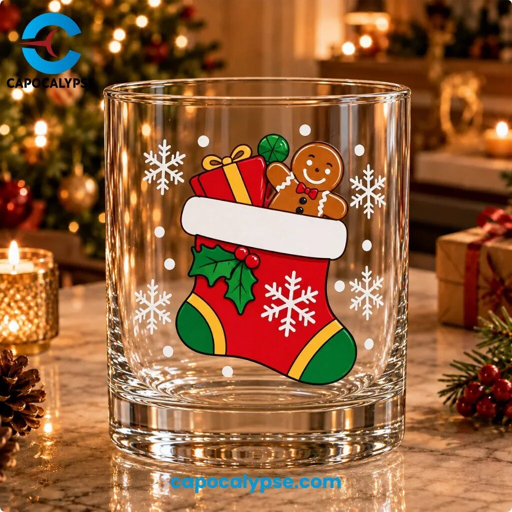 Christmas Stocking Gingerbread Man Whiskey Glass 1 Christmas stocking gingerbread man whiskey glass with red stocking, gift box, green lollipop and white snowflakes on a clear rocks glass