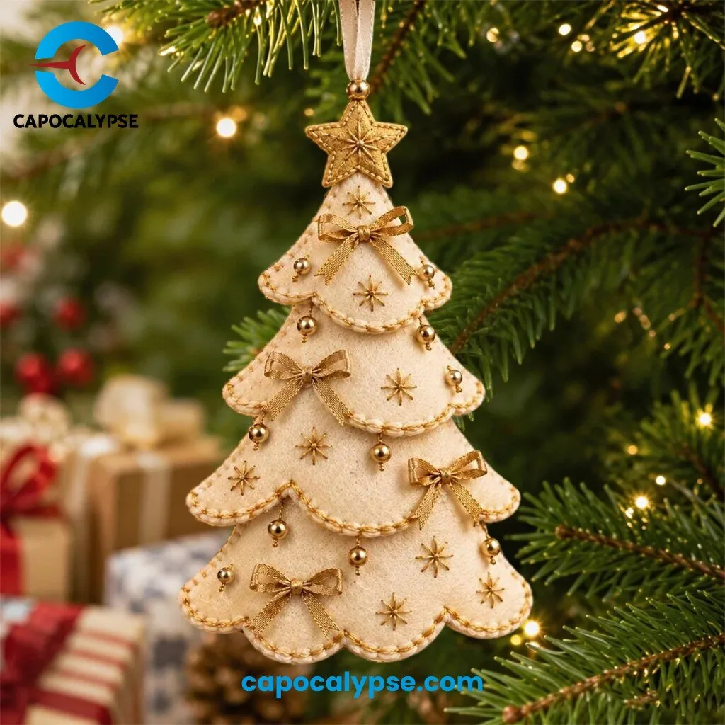Cream Felt Christmas Tree Ornament with Gold Bows and Beads
