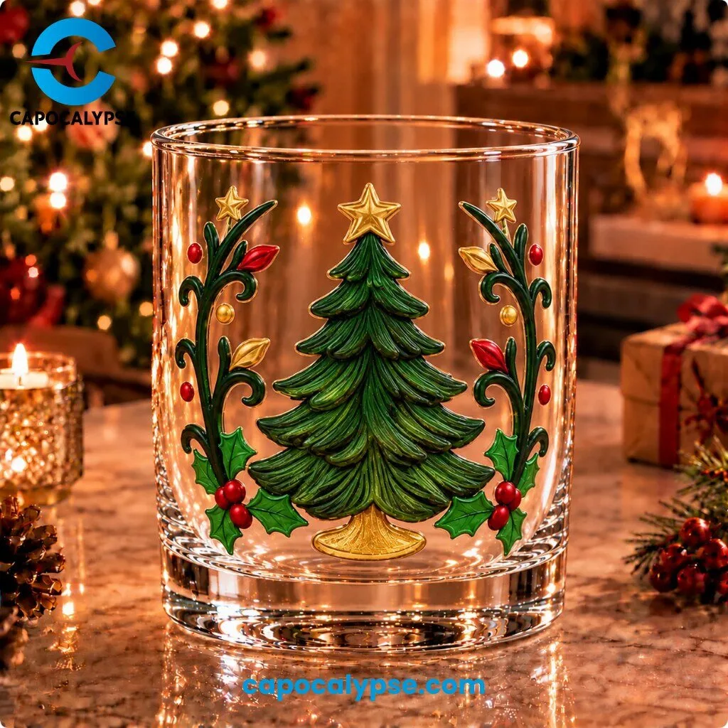 Christmas Tree Holly Gold Star Whiskey Glass