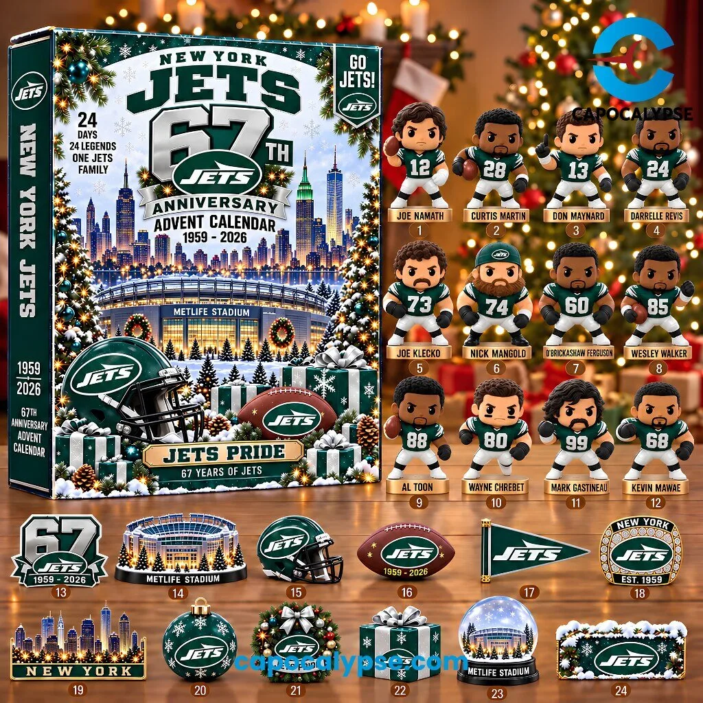 New York Jets 67th Anniversary Advent Calendar 1959-2026 1 New York Jets 67th Anniversary advent calendar box with green Jets logo, New York skyline and numbered player figurines in green jerseys