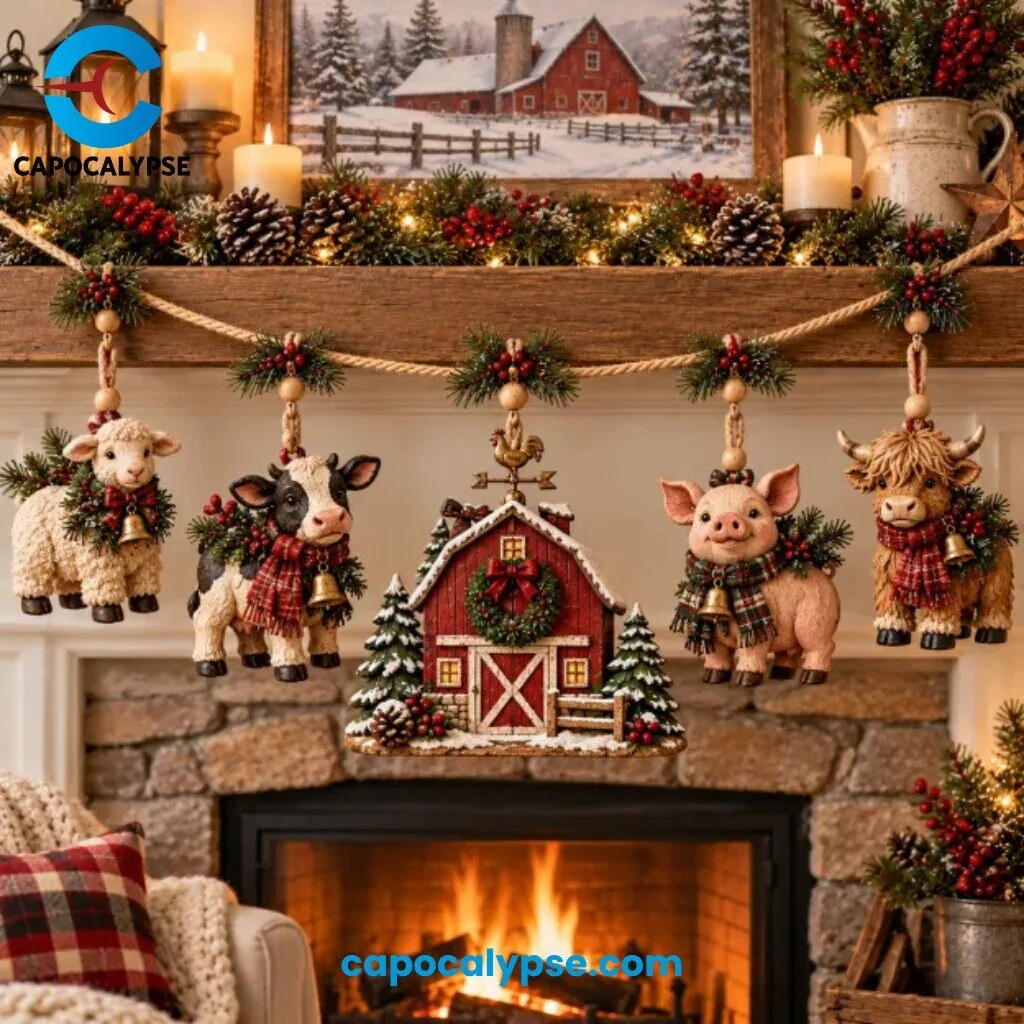 Farmhouse Christmas Red Barn and Farm Animals Wall Hanging Set