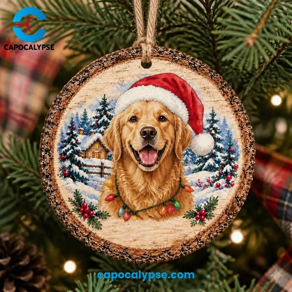 Golden Retriever Santa Hat Round Wood Christmas Ornament 1 Golden Retriever Santa hat Christmas ornament showing a smiling dog with string lights in a snowy cabin scene on a round wood disc