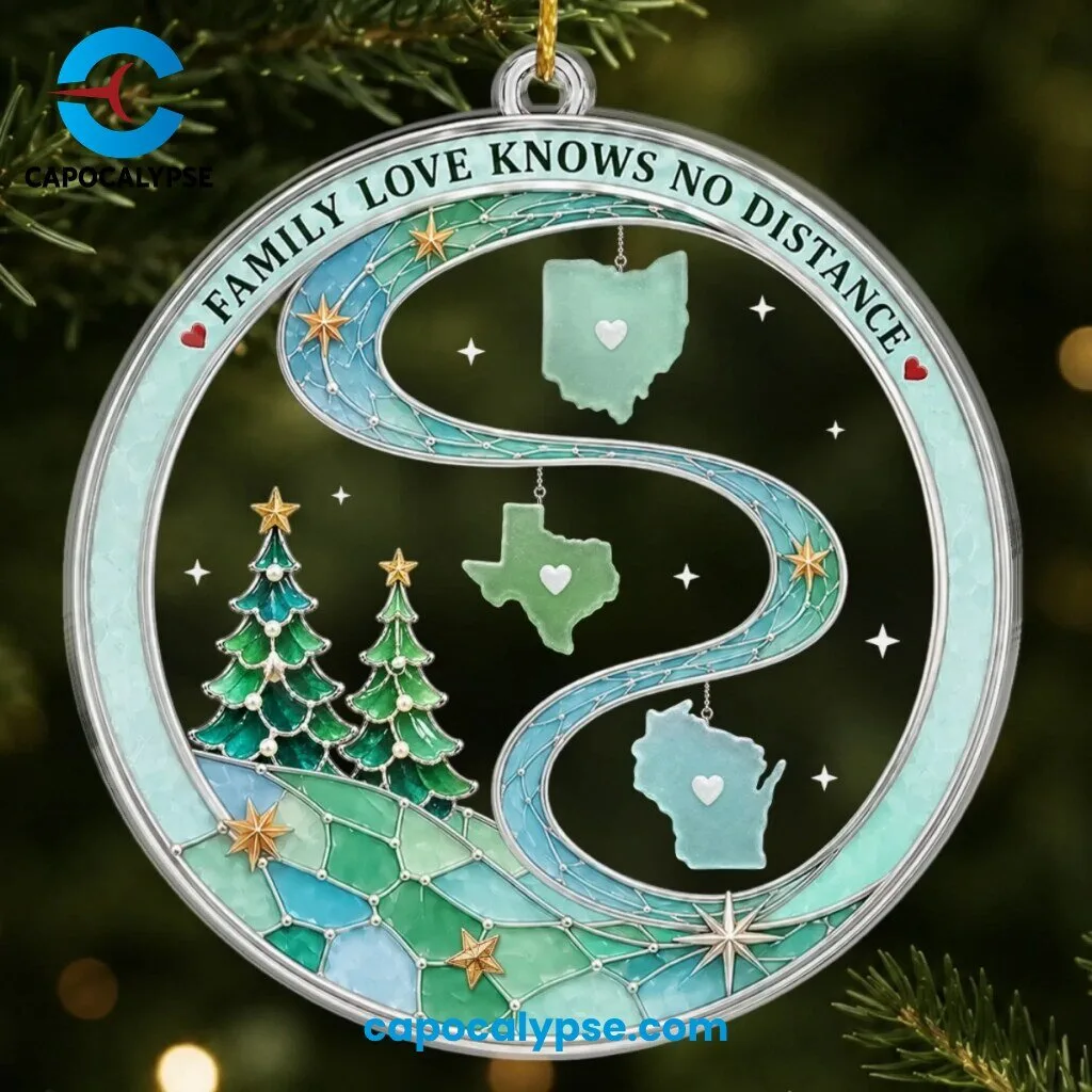Family Love Knows No Distance Ohio Texas Wisconsin Acrylic Christmas Ornament 1 Family Love Knows No Distance acrylic Christmas ornament with Ohio, Texas and Wisconsin shapes on a winding stained glass path