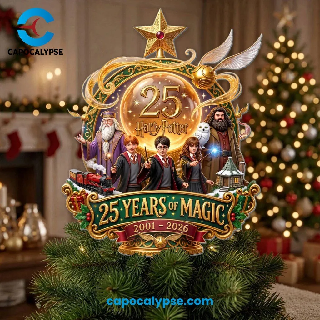 Harry Potter 25 Years of Magic 2001-2026 Christmas Tree Topper 1 Harry Potter 25 Years of Magic tree topper with golden star, Golden Snitch, Harry, Ron, Hermione and a red steam train on a green banner
