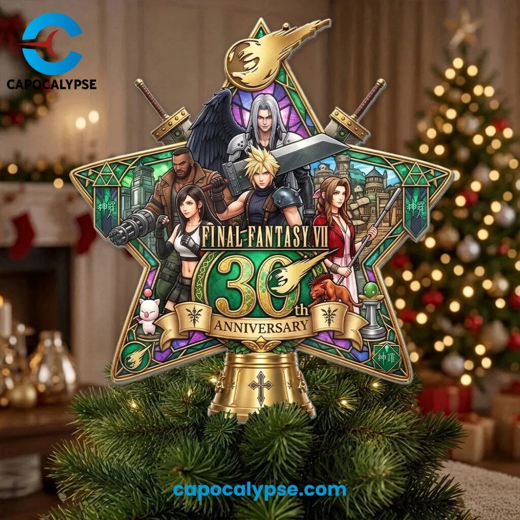 Final Fantasy VII 30th Anniversary Star Christmas Tree Topper 1 Final Fantasy VII 30th Anniversary star tree topper in stained glass style with Cloud, Tifa, Aerith, Barret and Sephiroth above a golden bell base