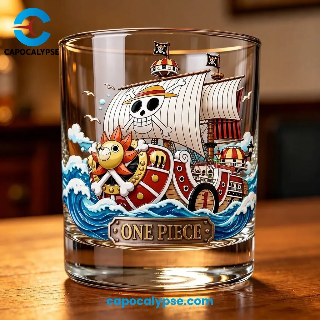 One Piece Pirate Ship Whiskey Glass 1 One Piece whiskey glass showing a red pirate ship with a skull flag sail and blue waves above a bronze One Piece nameplate