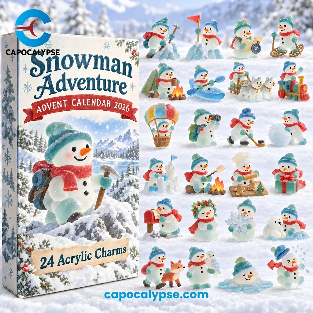Snowman Adventure Advent Calendar 2026 with 24 Acrylic Charms 1 Snowman Adventure Advent Calendar 2026 box with a hiking snowman on the front and 24 snowman acrylic charms in winter scenes