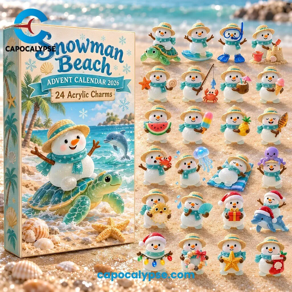 Snowman Beach Advent Calendar 2026 with 24 Acrylic Charms 2 Snowman Beach Advent Calendar 2026 box with a straw hat snowman riding a sea turtle beside 24 beach-themed snowman acrylic charms