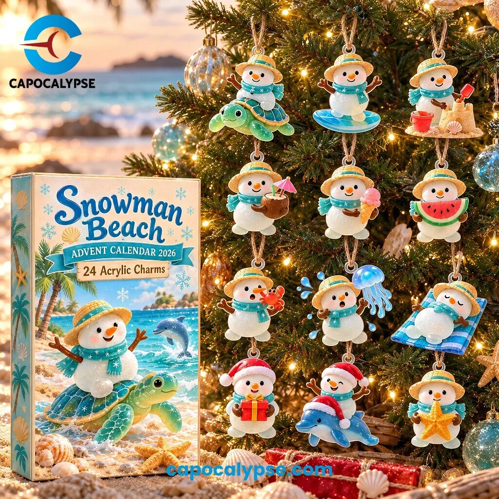 Snowman Beach Advent Calendar 2026 with 24 Acrylic Charms 3 Snowman Beach Advent Calendar 2026 box with a straw hat snowman riding a sea turtle beside 24 beach-themed snowman acrylic charms