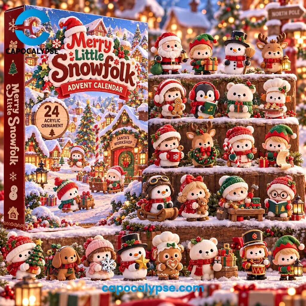 Merry Little Snowfolk Advent Calendar with 24 Acrylic Ornaments 1 Merry Little Snowfolk advent calendar box beside a tiered display of acrylic Christmas ornament figures of Santa, reindeer and snowmen