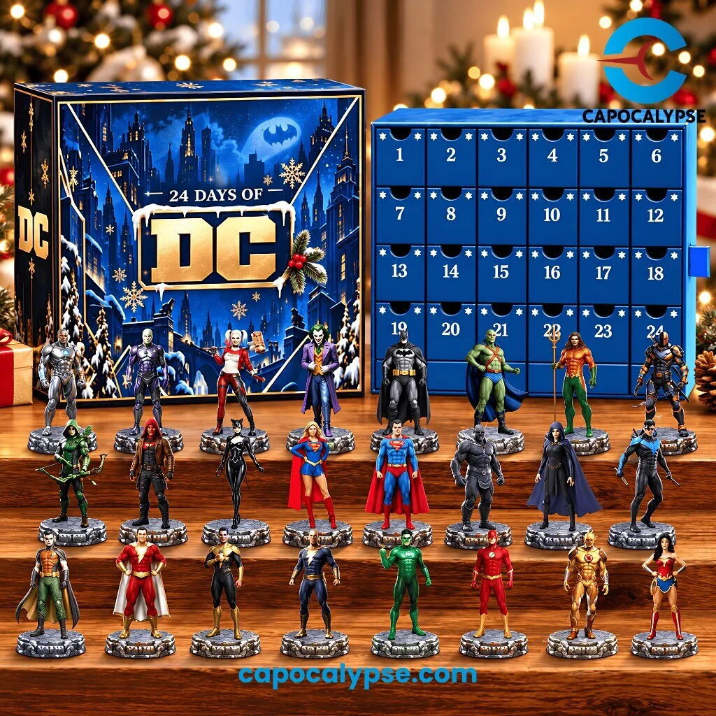 24 Days of DC Advent Calendar with Superhero Figures 1 24 Days of DC advent calendar with blue numbered drawers beside superhero figures of Batman, Superman, Wonder Woman and The Flash on rock bases