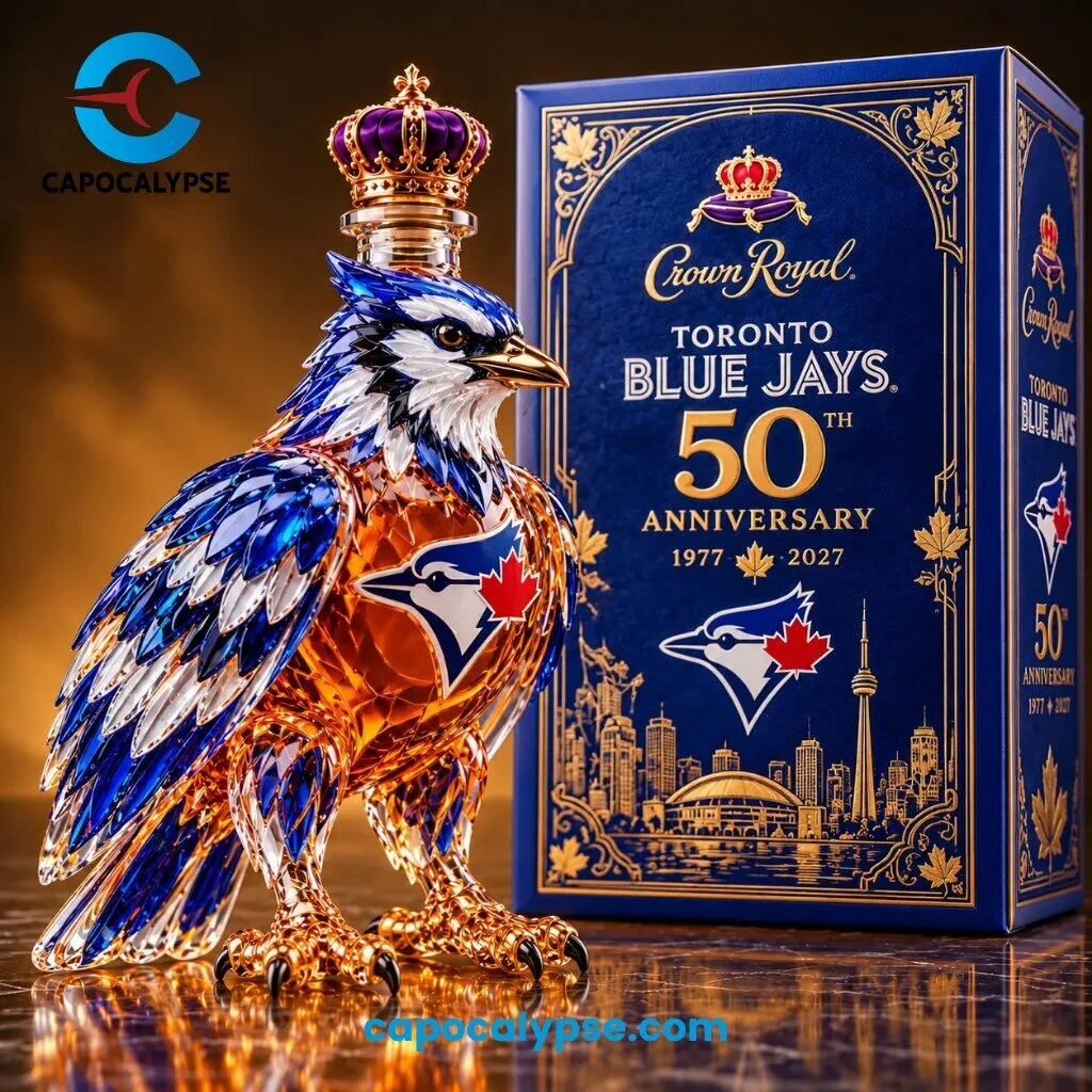 Toronto Blue Jays 50th Anniversary Blue Jay Whiskey Decanter 1 Toronto Blue Jays 50th Anniversary whiskey decanter shaped like a blue jay with a gold crown stopper beside its blue and gold gift box