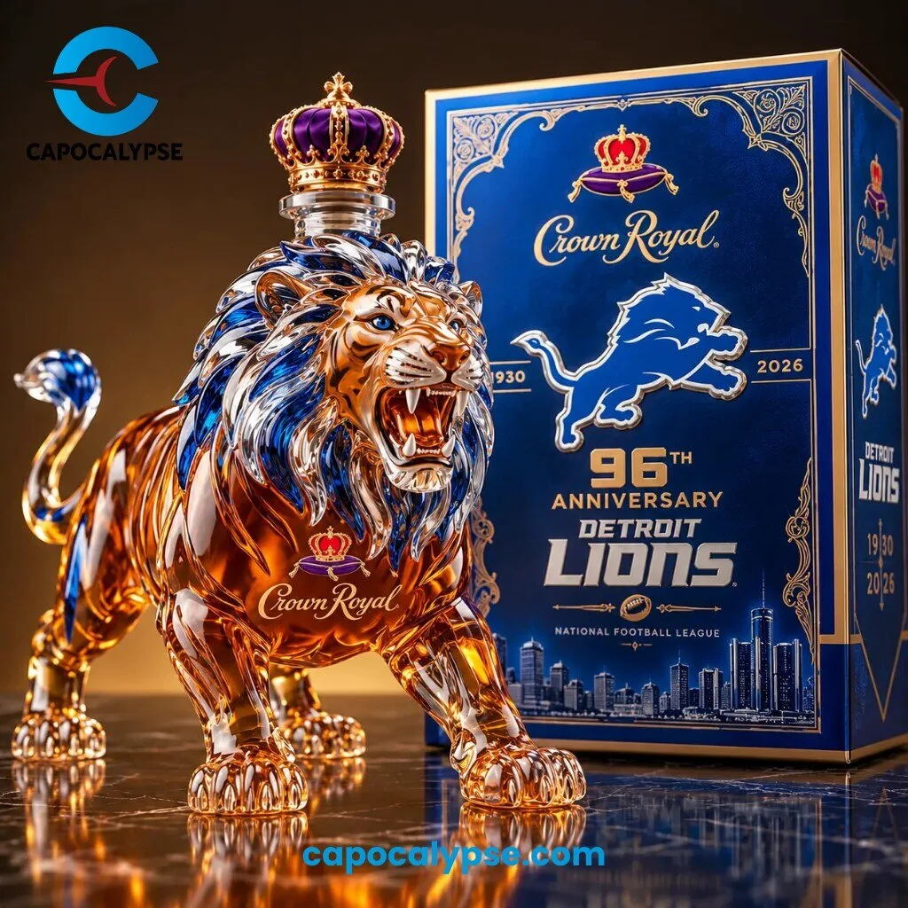 Crown Royal Detroit Lions National Football League 96th Anniversary Lion Whiskey Decanter 1 Crown Royal Detroit Lions 96th Anniversary whiskey decanter shaped like a roaring lion with a gold crown stopper beside its blue gift box