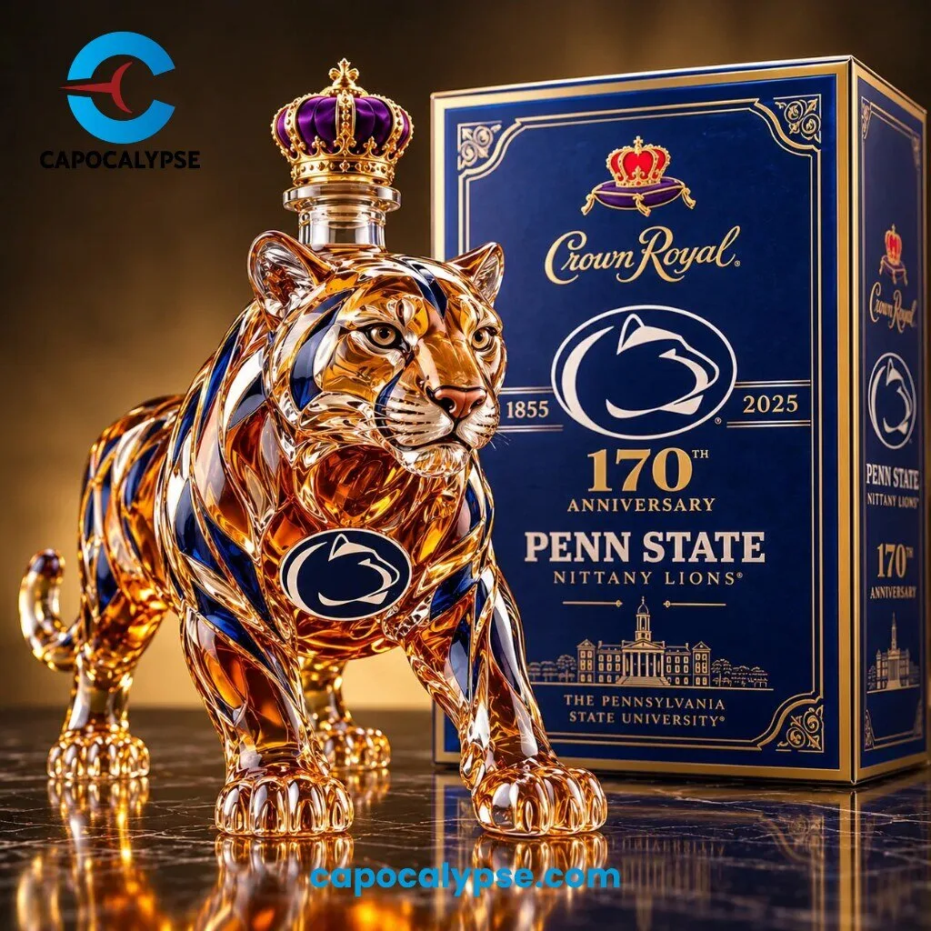 Crown Royal Penn State Nittany Lions 170th Anniversary Lion Whiskey Decanter 1 Crown Royal Penn State Nittany Lions 170th Anniversary whiskey decanter shaped like a lion with a gold crown stopper beside its navy gift box