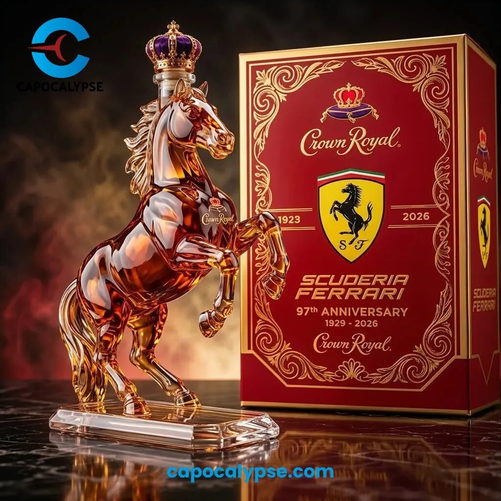 Crown Royal Scuderia Ferrari 97th Anniversary Rearing Horse Whiskey Decanter 1 Crown Royal Scuderia Ferrari 97th Anniversary whiskey decanter shaped like a rearing horse with a gold crown stopper beside a red gift box