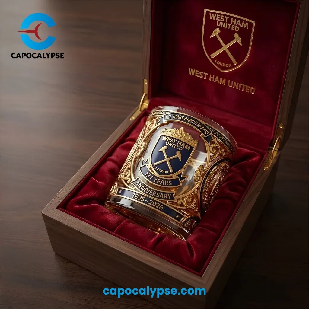 West Ham United 131 Years Anniversary 1895-2026 Whiskey Glass 1 West Ham United 131 Years Anniversary whiskey glass with gold scrollwork and a navy London crest in a wooden gift box with red lining