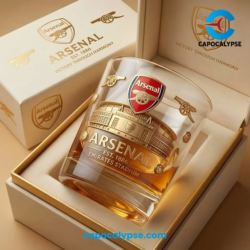 Arsenal Est. 1886 Emirates Stadium Victory Through Harmony Whiskey Glass 1 Arsenal Est. 1886 whiskey glass with a red club crest, gold Emirates Stadium band and small cannons in a cream gift box